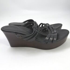 UGG Mattie Wedge Sandals Women 9 Black Leather Festival Chic Boho Summer